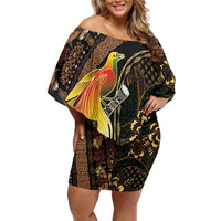 Papua New Guinea and Indonesia Batik Family Matching Off Shoulder Short Dress and Hawaiian Shirt Bird of Paradise with Tribal Batik Patterns LT03 Mom's Dress Multicolor - Polynesian Pride