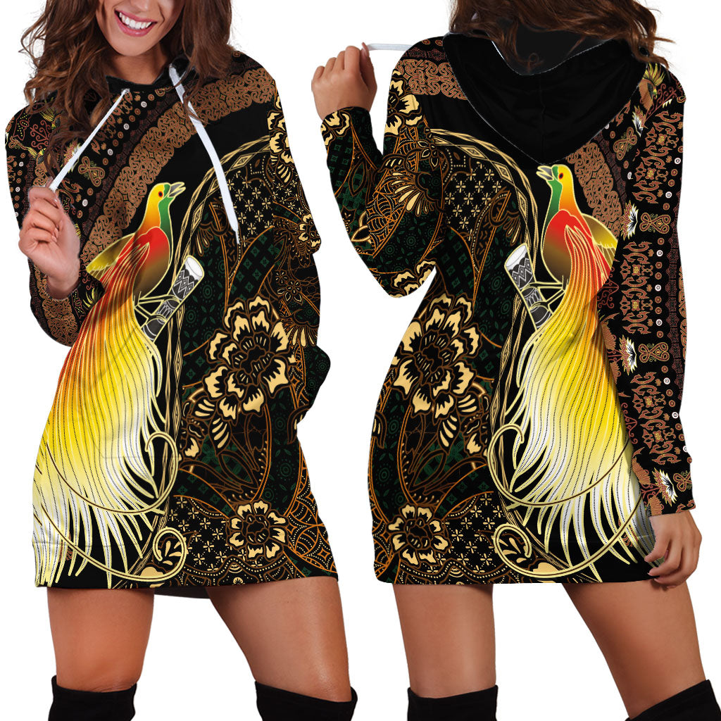 Papua New Guinea and Indonesia Batik Hoodie Dress Bird of Paradise with Tribal Batik Patterns