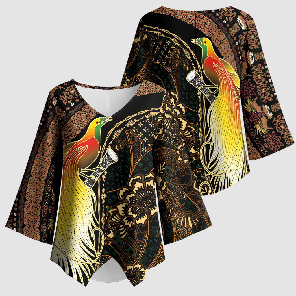Papua New Guinea and Indonesia Batik Kimono Sleeve Blouse Bird of Paradise with Tribal Batik Patterns