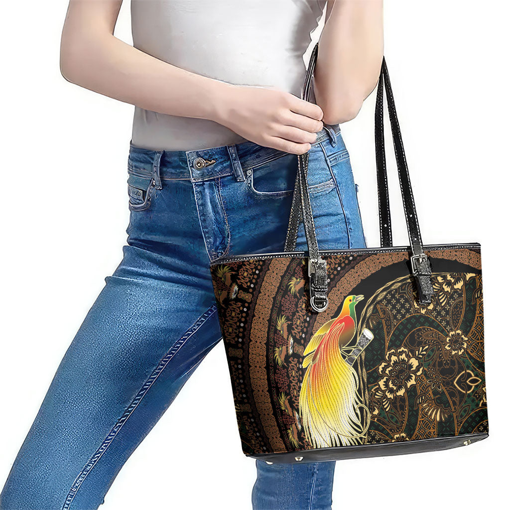 Papua New Guinea and Indonesia Batik Leather Tote Bag Bird of Paradise with Tribal Batik Patterns