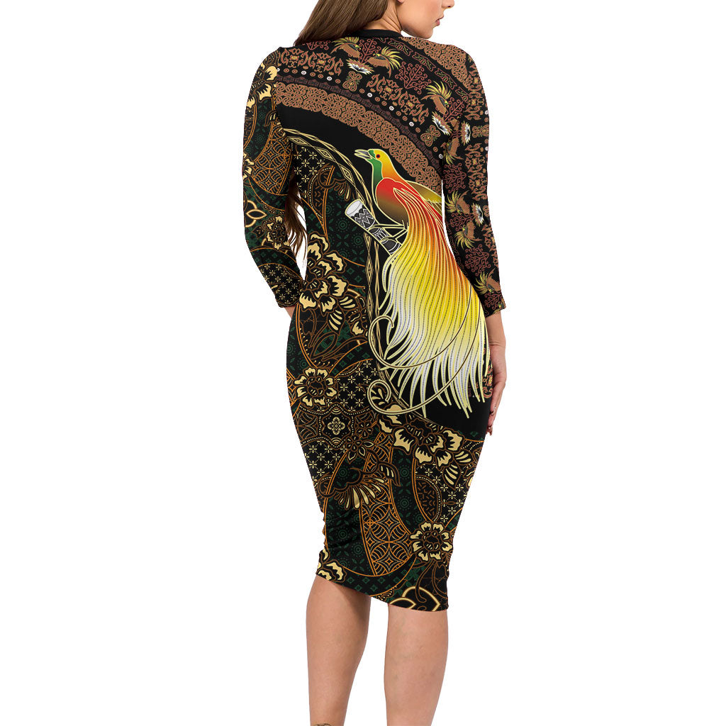 Papua New Guinea and Indonesia Batik Long Sleeve Bodycon Dress Bird of Paradise with Tribal Batik Patterns