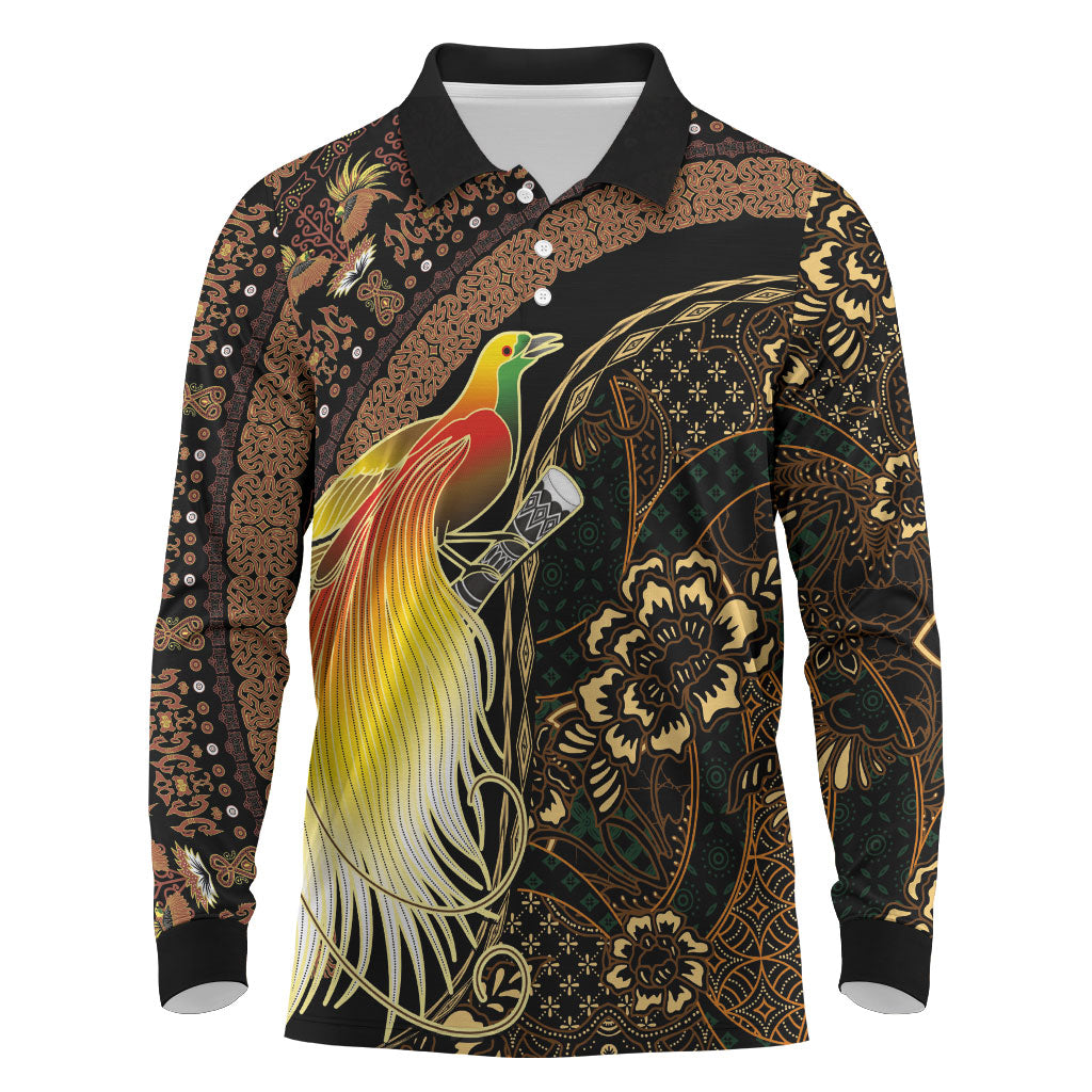 Papua New Guinea and Indonesia Batik Long Sleeve Polo Shirt Bird of Paradise with Tribal Batik Patterns