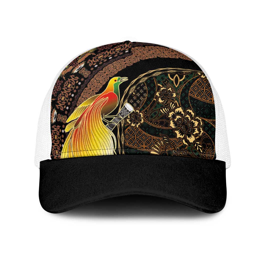 Papua New Guinea and Indonesia Batik Mesh Trucker Cap Bird of Paradise with Tribal Batik Patterns