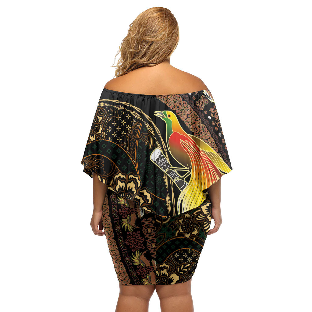 Papua New Guinea and Indonesia Batik Off Shoulder Short Dress Bird of Paradise with Tribal Batik Patterns
