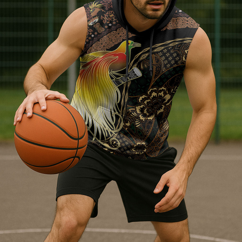 Papua New Guinea and Indonesia Batik Sleeveless Hoodie Bird of Paradise with Tribal Batik Patterns