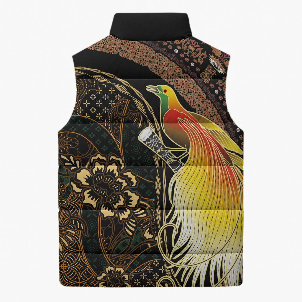 Papua New Guinea and Indonesia Batik Sleeveless Puffer Jacket Bird of Paradise with Tribal Batik Patterns