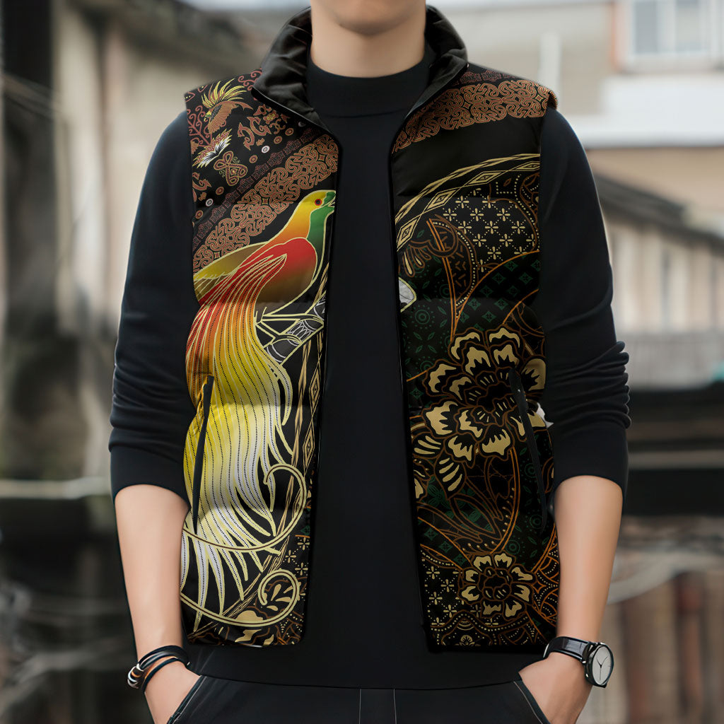 Papua New Guinea and Indonesia Batik Sleeveless Puffer Jacket Bird of Paradise with Tribal Batik Patterns