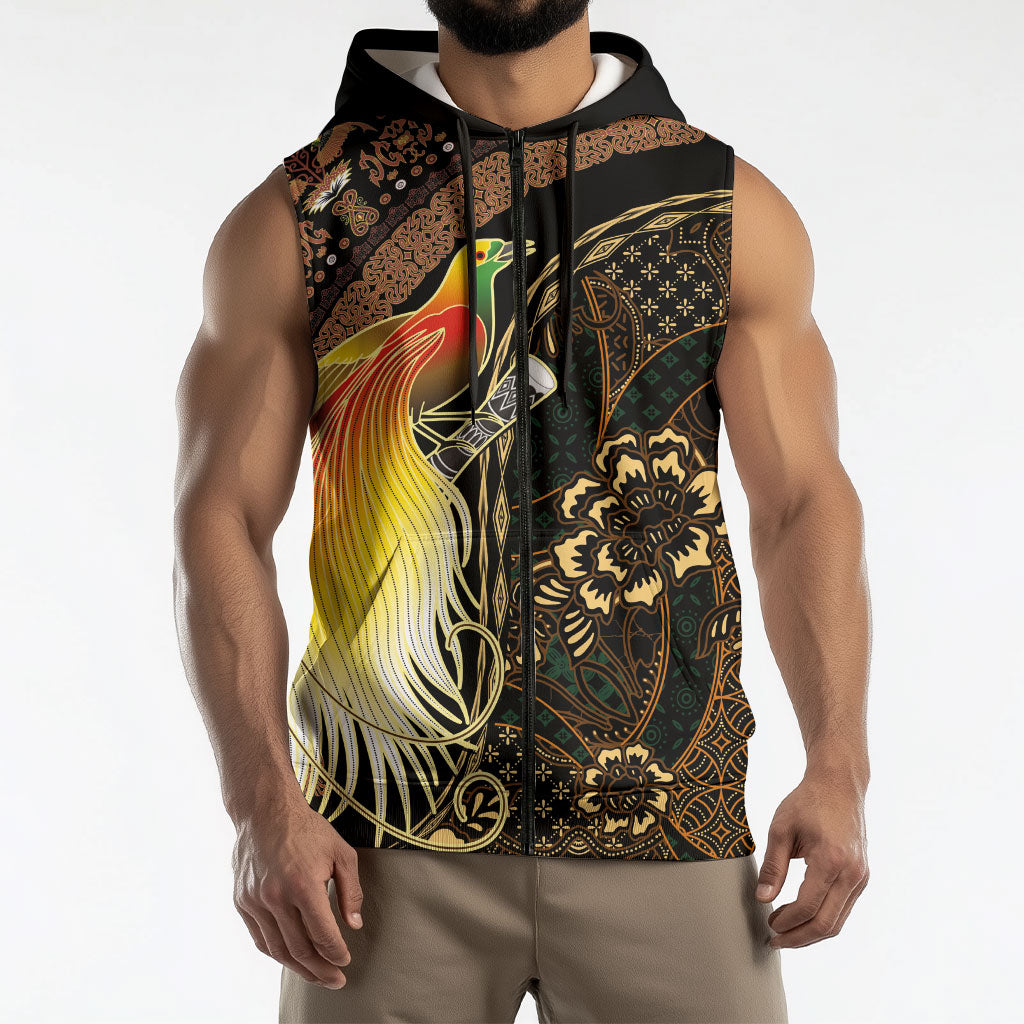 Papua New Guinea and Indonesia Batik Sleeveless Zip Hoodie Bird of Paradise with Tribal Batik Patterns