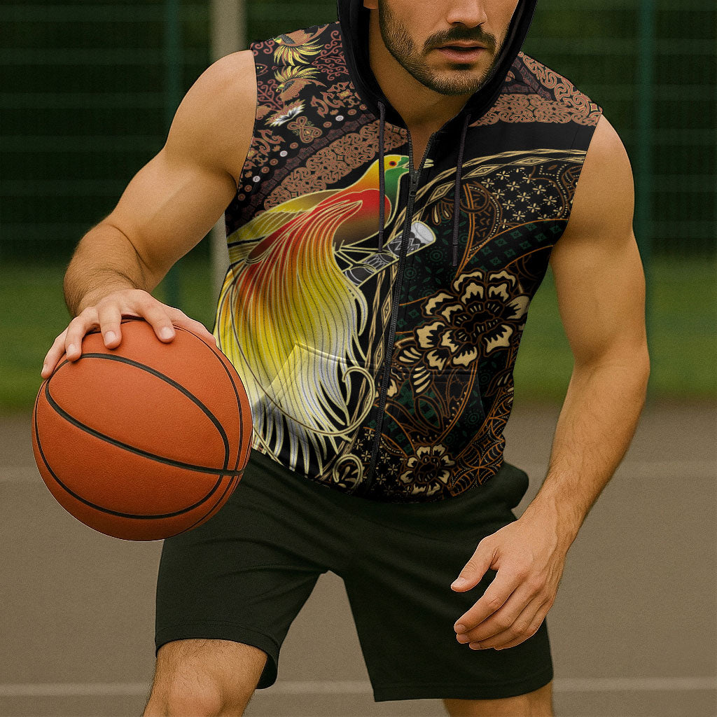Papua New Guinea and Indonesia Batik Sleeveless Zip Hoodie Bird of Paradise with Tribal Batik Patterns