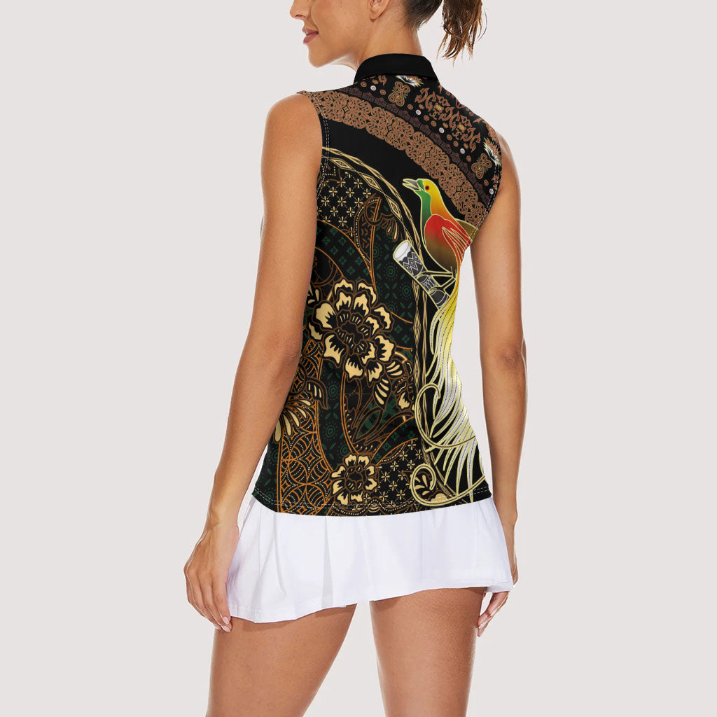 Papua New Guinea and Indonesia Batik Women Sleeveless Polo Shirt Bird of Paradise with Tribal Batik Patterns