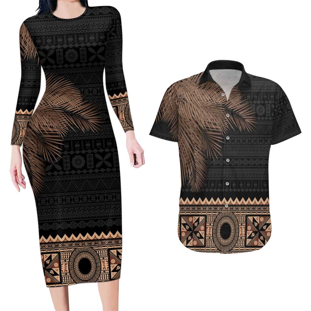Fiji Palm Leaves Couples Matching Long Sleeve Bodycon Dress and Hawaiian Shirt Masi and Tapa Tribal Pattern Beige Color LT03 Beige - Polynesian Pride