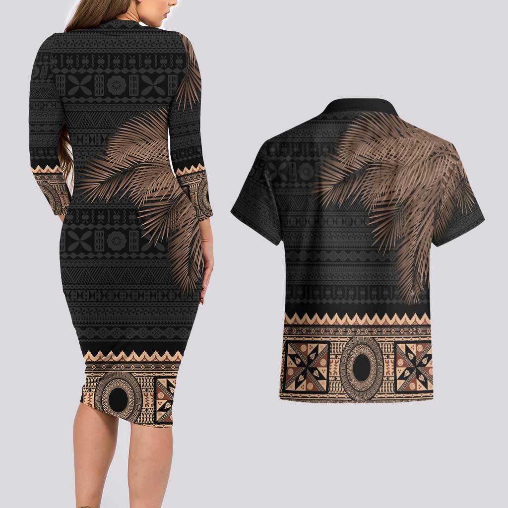 Fiji Palm Leaves Couples Matching Long Sleeve Bodycon Dress and Hawaiian Shirt Masi and Tapa Tribal Pattern Beige Color LT03 - Polynesian Pride
