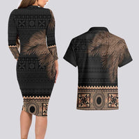 Fiji Palm Leaves Couples Matching Long Sleeve Bodycon Dress and Hawaiian Shirt Masi and Tapa Tribal Pattern Beige Color LT03 - Polynesian Pride