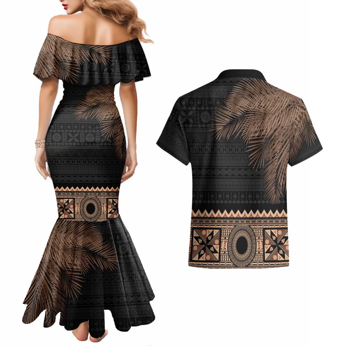 Fiji Palm Leaves Couples Matching Mermaid Dress and Hawaiian Shirt Masi and Tapa Tribal Pattern Beige Color LT03 - Polynesian Pride
