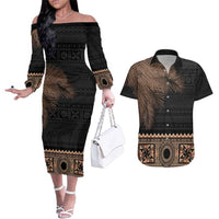 Fiji Palm Leaves Couples Matching Off The Shoulder Long Sleeve Dress and Hawaiian Shirt Masi and Tapa Tribal Pattern Beige Color LT03 Beige - Polynesian Pride