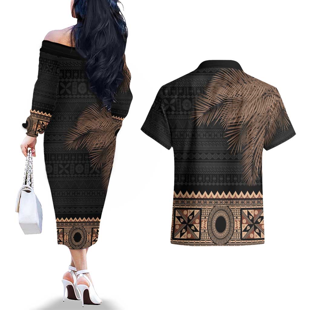 Fiji Palm Leaves Couples Matching Off The Shoulder Long Sleeve Dress and Hawaiian Shirt Masi and Tapa Tribal Pattern Beige Color LT03 - Polynesian Pride