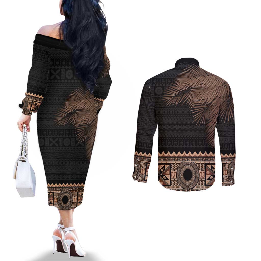 Fiji Palm Leaves Couples Matching Off The Shoulder Long Sleeve Dress and Long Sleeve Button Shirt Masi and Tapa Tribal Pattern Beige Color