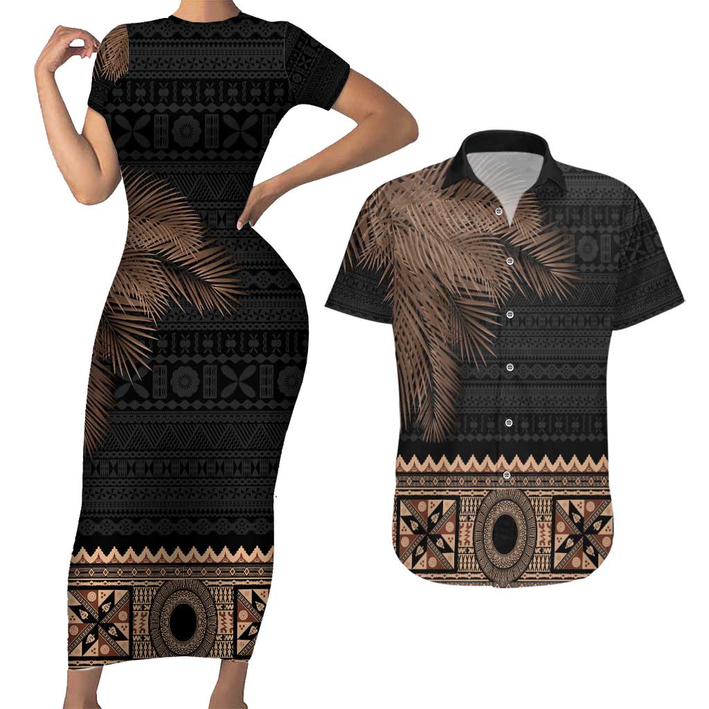 Fiji Palm Leaves Couples Matching Short Sleeve Bodycon Dress and Hawaiian Shirt Masi and Tapa Tribal Pattern Beige Color LT03 Beige - Polynesian Pride
