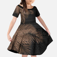 Fiji Palm Leaves Family Matching Long Sleeve Bodycon Dress and Hawaiian Shirt Masi and Tapa Tribal Pattern Beige Color LT03 Daughter's Dress Beige - Polynesian Pride