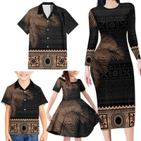 Fiji Palm Leaves Family Matching Long Sleeve Bodycon Dress and Hawaiian Shirt Masi and Tapa Tribal Pattern Beige Color LT03 - Polynesian Pride