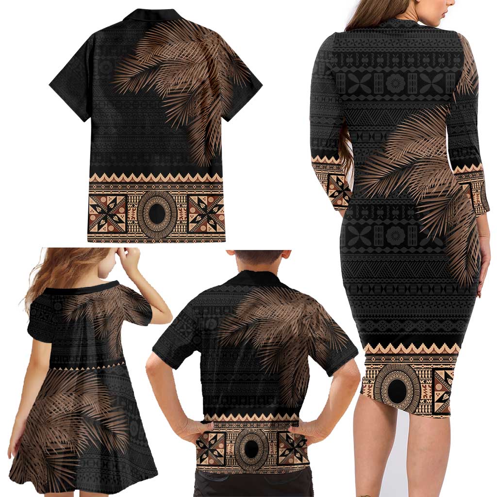 Fiji Palm Leaves Family Matching Long Sleeve Bodycon Dress and Hawaiian Shirt Masi and Tapa Tribal Pattern Beige Color LT03 - Polynesian Pride