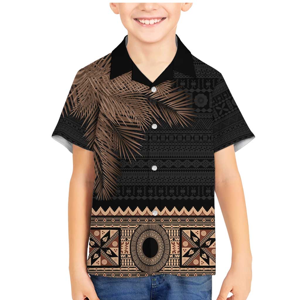 Fiji Palm Leaves Family Matching Mermaid Dress and Hawaiian Shirt Masi and Tapa Tribal Pattern Beige Color LT03 Son's Shirt Beige - Polynesian Pride
