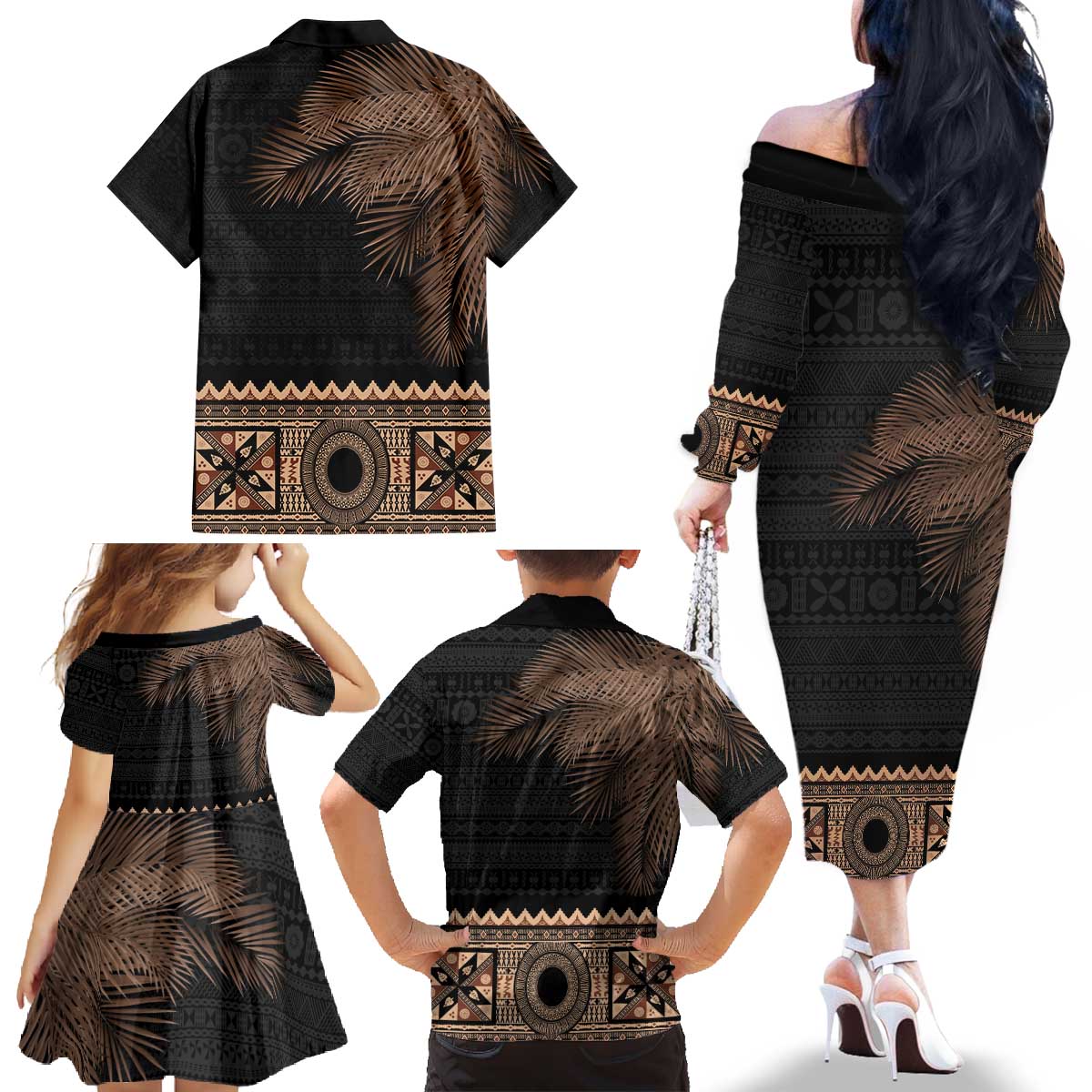 Fiji Palm Leaves Family Matching Off The Shoulder Long Sleeve Dress and Hawaiian Shirt Masi and Tapa Tribal Pattern Beige Color LT03 - Polynesian Pride