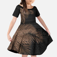 Fiji Palm Leaves Family Matching Off Shoulder Maxi Dress and Hawaiian Shirt Masi and Tapa Tribal Pattern Beige Color LT03 Daughter's Dress Beige - Polynesian Pride