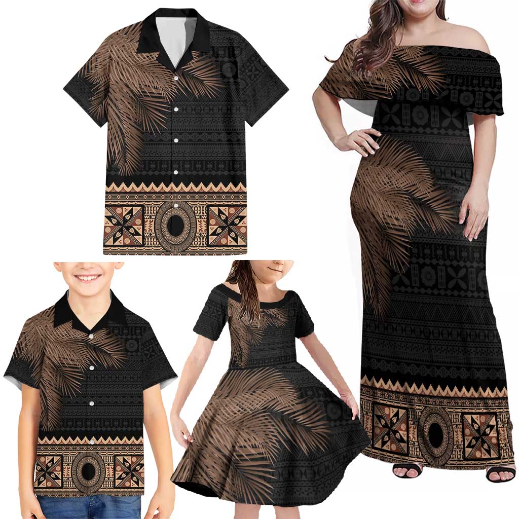 Fiji Palm Leaves Family Matching Off Shoulder Maxi Dress and Hawaiian Shirt Masi and Tapa Tribal Pattern Beige Color LT03 - Polynesian Pride