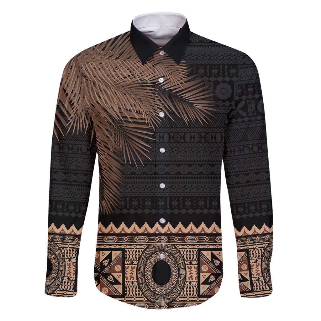 Fiji Palm Leaves Family Matching Off Shoulder Maxi Dress and Hawaiian Shirt Masi and Tapa Tribal Pattern Beige Color LT03 Dad's Shirt - Long Sleeve Beige - Polynesian Pride