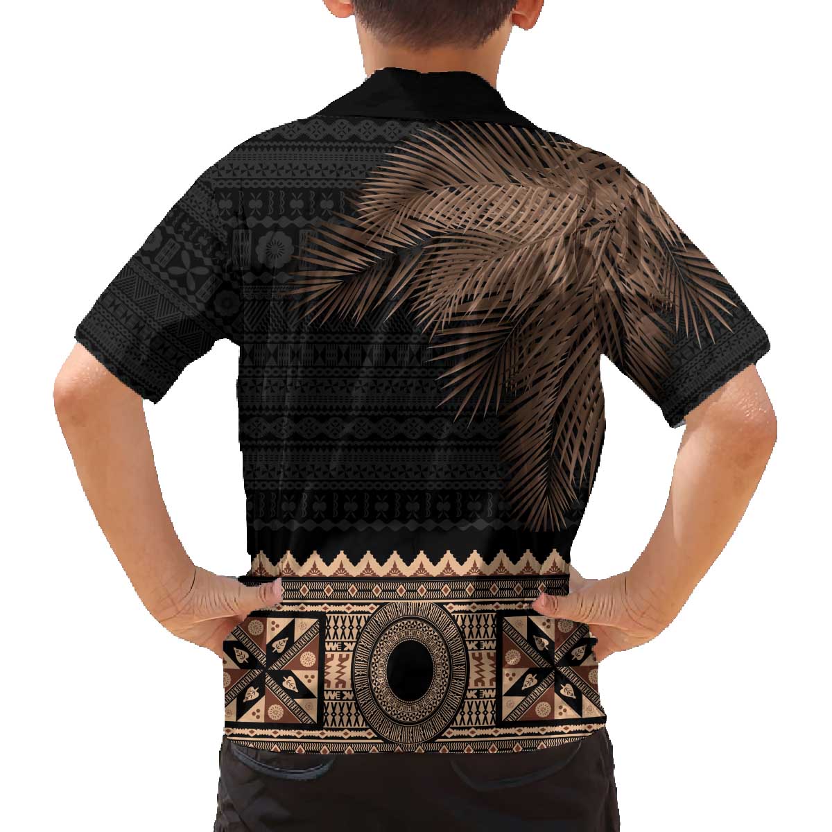 Fiji Palm Leaves Family Matching Off Shoulder Short Dress and Hawaiian Shirt Masi and Tapa Tribal Pattern Beige Color LT03 - Polynesian Pride