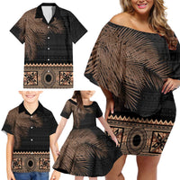 Fiji Palm Leaves Family Matching Off Shoulder Short Dress and Hawaiian Shirt Masi and Tapa Tribal Pattern Beige Color LT03 - Polynesian Pride