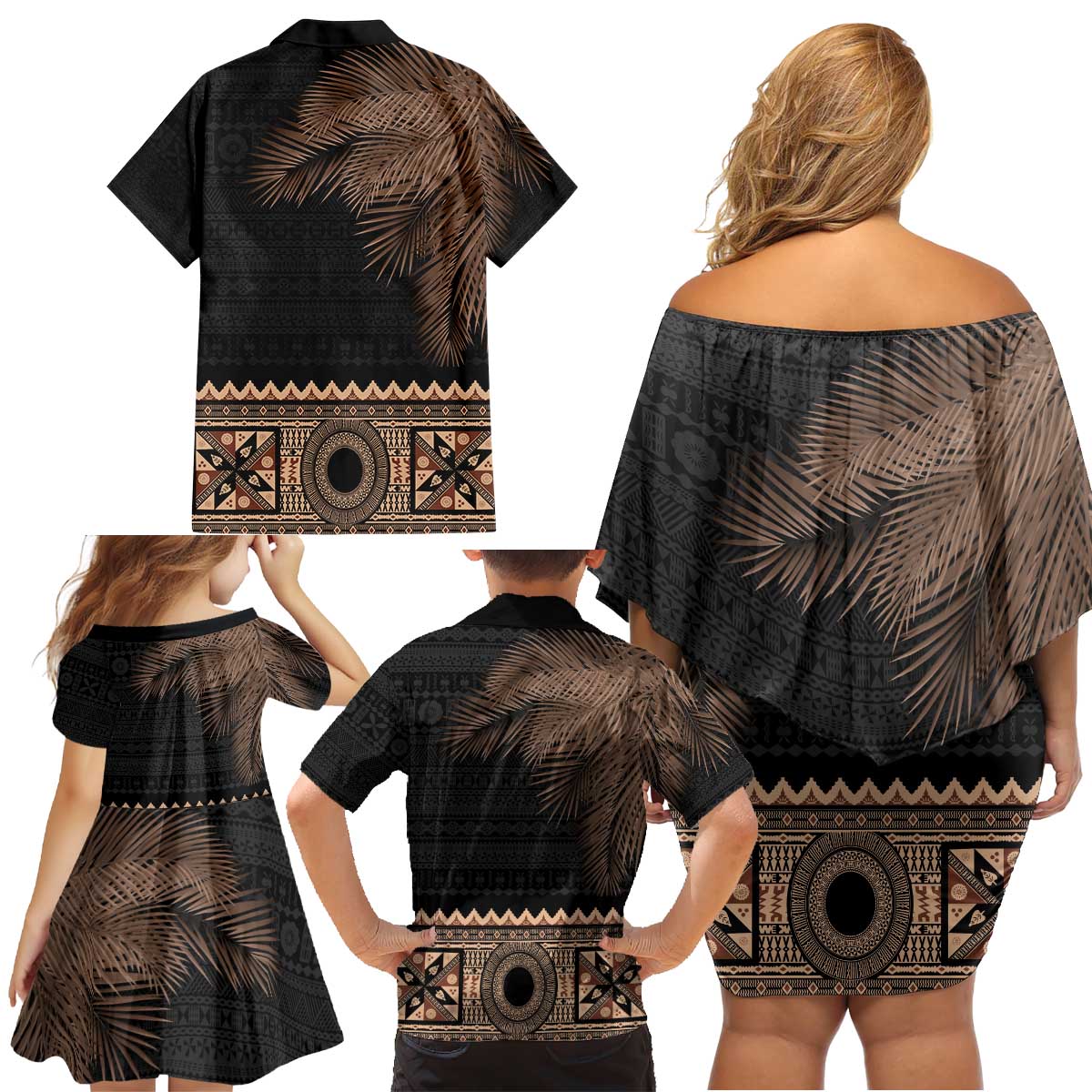 Fiji Palm Leaves Family Matching Off Shoulder Short Dress and Hawaiian Shirt Masi and Tapa Tribal Pattern Beige Color LT03 - Polynesian Pride