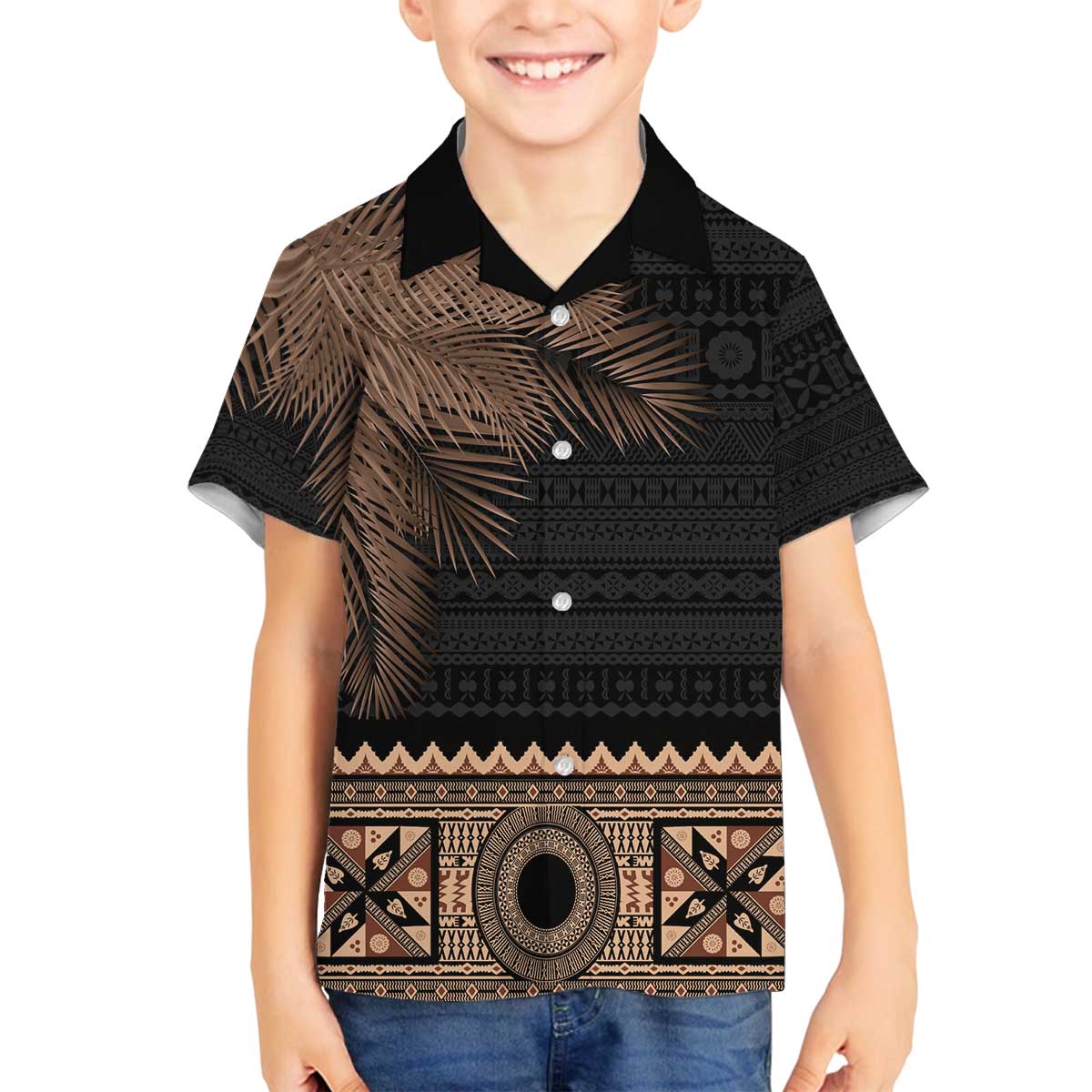 Fiji Palm Leaves Family Matching Off Shoulder Short Dress and Hawaiian Shirt Masi and Tapa Tribal Pattern Beige Color LT03 Son's Shirt Beige - Polynesian Pride