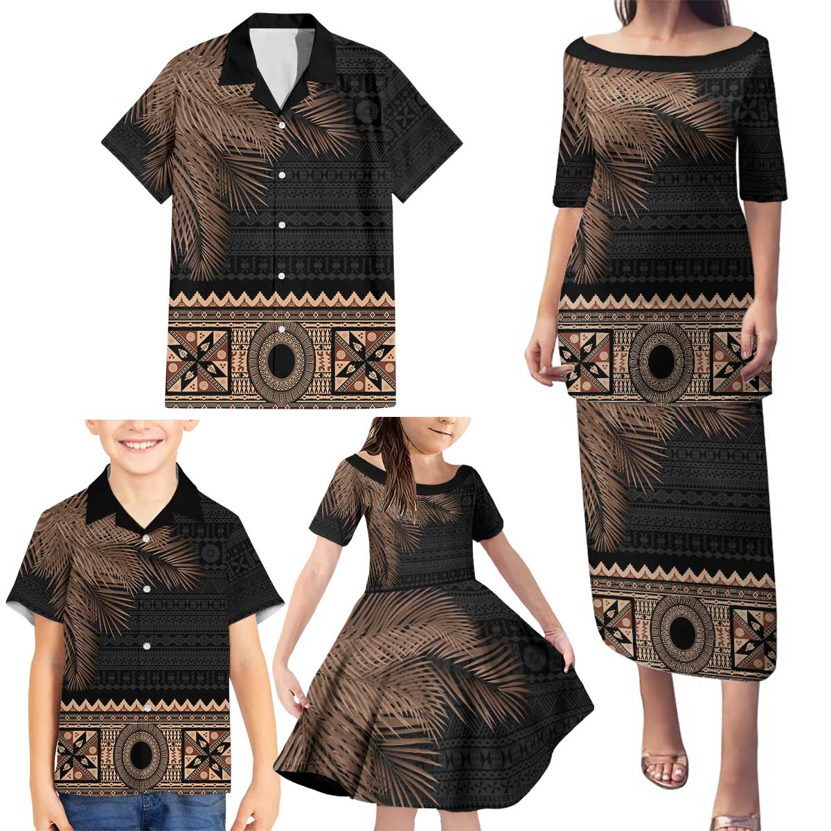 Fiji Palm Leaves Family Matching Puletasi and Hawaiian Shirt Masi and Tapa Tribal Pattern Beige Color LT03 - Polynesian Pride