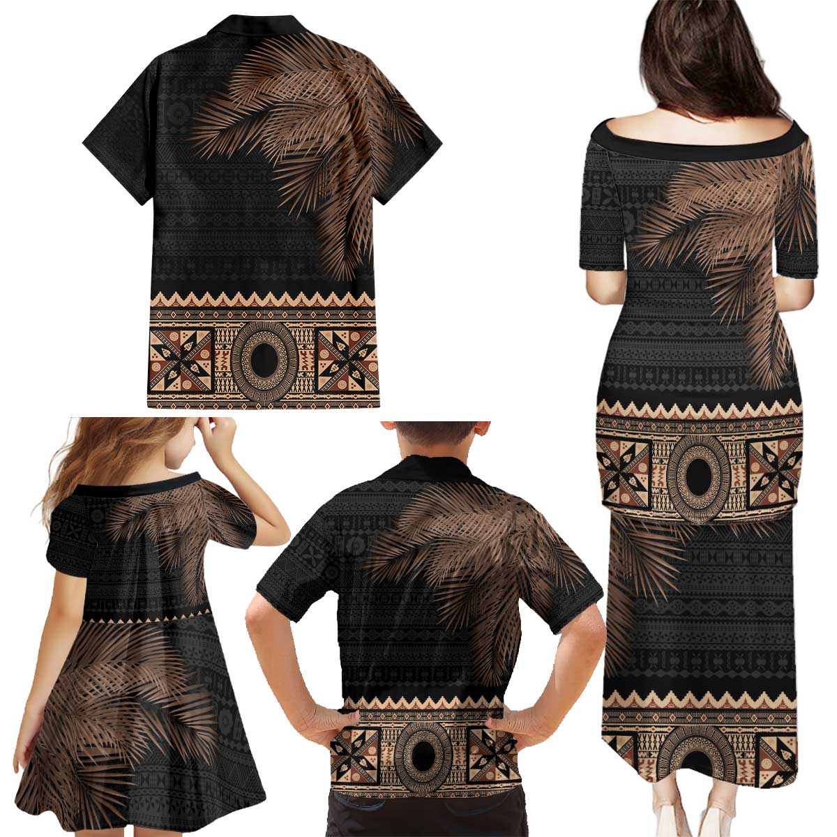 Fiji Palm Leaves Family Matching Puletasi and Hawaiian Shirt Masi and Tapa Tribal Pattern Beige Color LT03 - Polynesian Pride