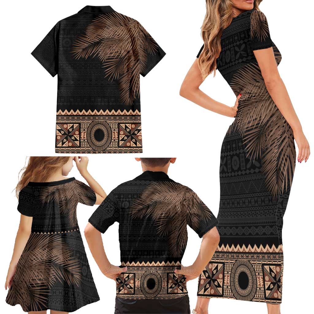 Fiji Palm Leaves Family Matching Short Sleeve Bodycon Dress and Hawaiian Shirt Masi and Tapa Tribal Pattern Beige Color LT03 - Polynesian Pride
