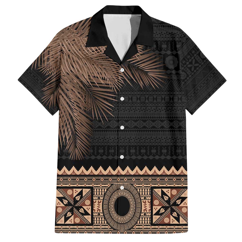 Fiji Palm Leaves Family Matching Short Sleeve Bodycon Dress and Hawaiian Shirt Masi and Tapa Tribal Pattern Beige Color LT03 Dad's Shirt - Short Sleeve Beige - Polynesian Pride