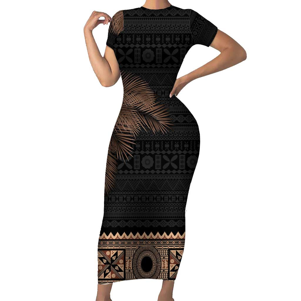 Fiji Palm Leaves Family Matching Short Sleeve Bodycon Dress and Hawaiian Shirt Masi and Tapa Tribal Pattern Beige Color LT03 Mom's Dress Beige - Polynesian Pride