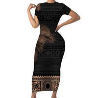 Fiji Palm Leaves Family Matching Short Sleeve Bodycon Dress and Hawaiian Shirt Masi and Tapa Tribal Pattern Beige Color LT03 Mom's Dress Beige - Polynesian Pride