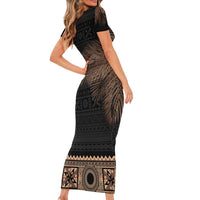 Fiji Palm Leaves Family Matching Short Sleeve Bodycon Dress and Hawaiian Shirt Masi and Tapa Tribal Pattern Beige Color LT03 - Polynesian Pride