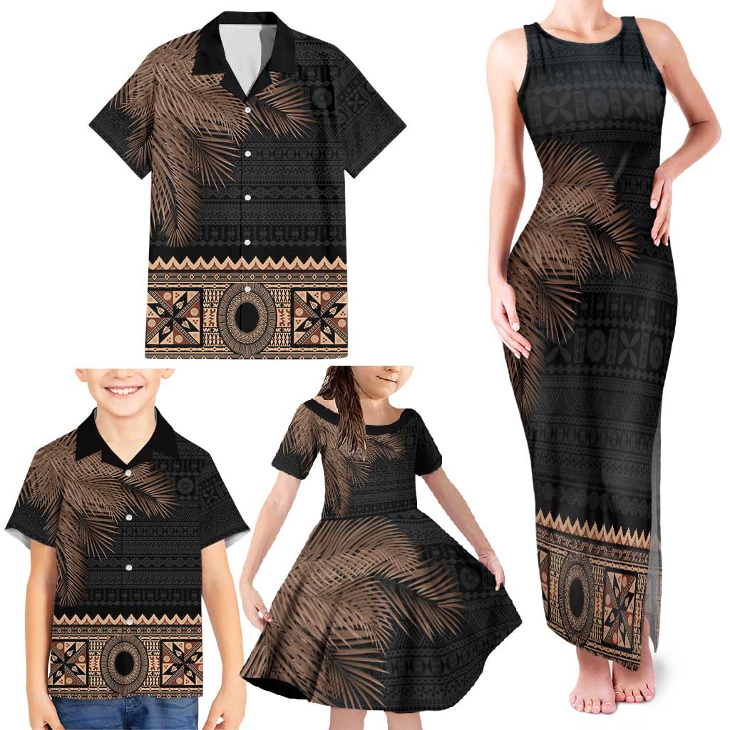 Fiji Palm Leaves Family Matching Tank Maxi Dress and Hawaiian Shirt Masi and Tapa Tribal Pattern Beige Color LT03 - Polynesian Pride