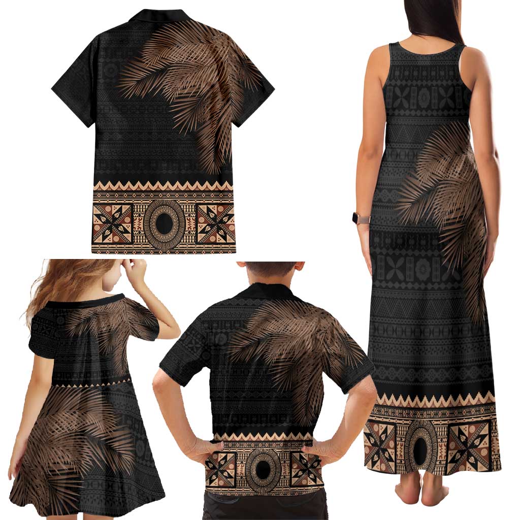 Fiji Palm Leaves Family Matching Tank Maxi Dress and Hawaiian Shirt Masi and Tapa Tribal Pattern Beige Color LT03 - Polynesian Pride