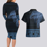 Fiji Palm Leaves Couples Matching Long Sleeve Bodycon Dress and Hawaiian Shirt Masi and Tapa Tribal Pattern Blue Color LT03 - Polynesian Pride