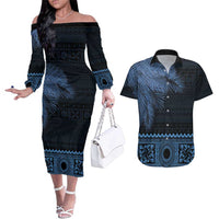 Fiji Palm Leaves Couples Matching Off The Shoulder Long Sleeve Dress and Hawaiian Shirt Masi and Tapa Tribal Pattern Blue Color LT03 Blue - Polynesian Pride