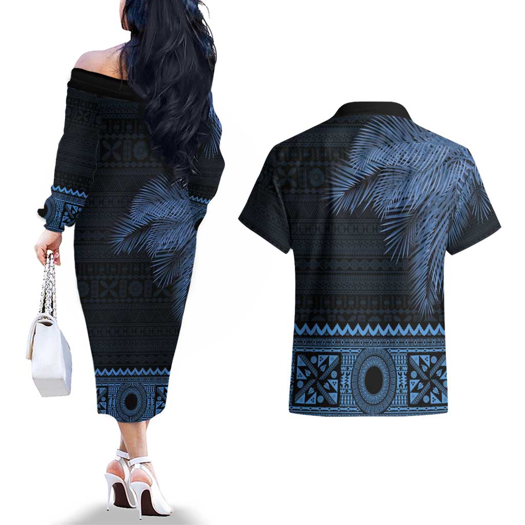 Fiji Palm Leaves Couples Matching Off The Shoulder Long Sleeve Dress and Hawaiian Shirt Masi and Tapa Tribal Pattern Blue Color LT03 - Polynesian Pride
