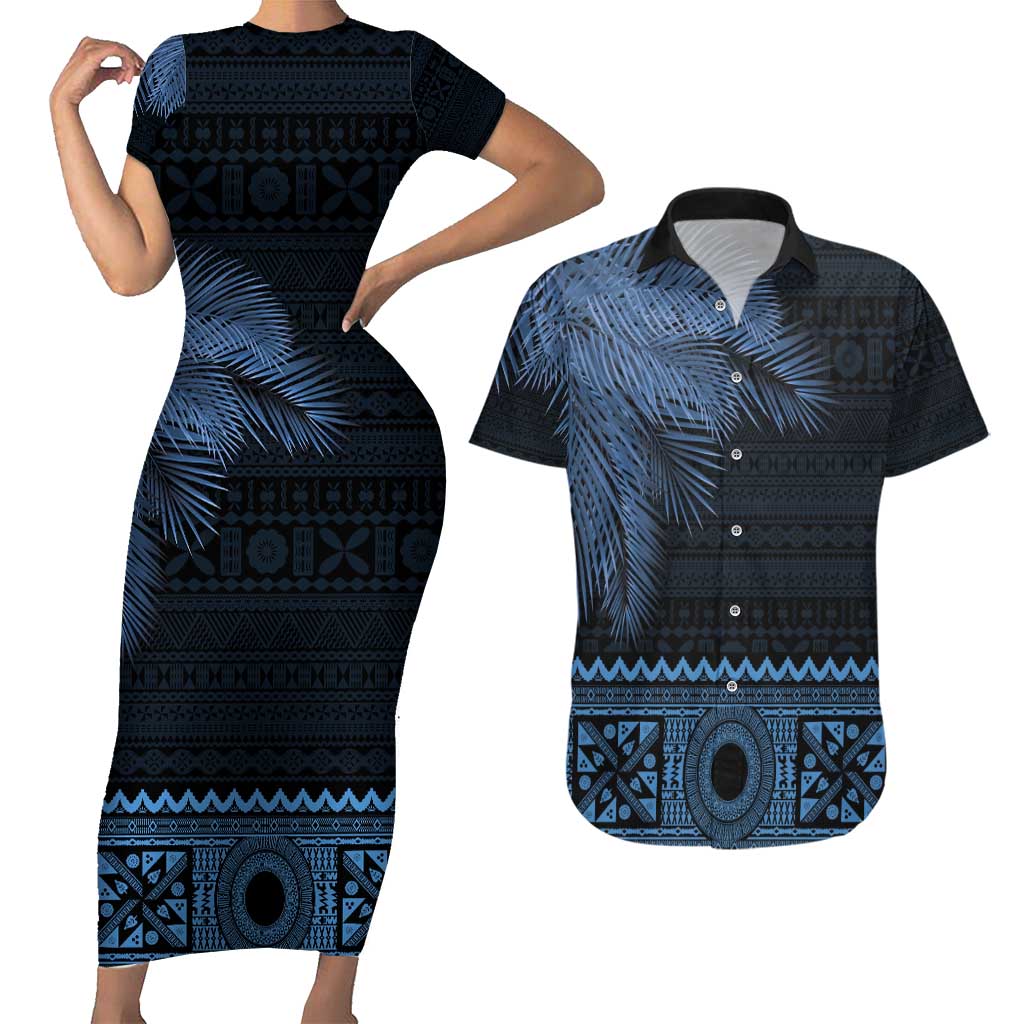 Fiji Palm Leaves Couples Matching Short Sleeve Bodycon Dress and Hawaiian Shirt Masi and Tapa Tribal Pattern Blue Color LT03 Blue - Polynesian Pride
