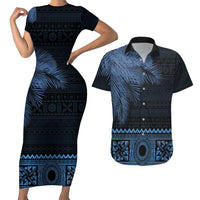 Fiji Palm Leaves Couples Matching Short Sleeve Bodycon Dress and Hawaiian Shirt Masi and Tapa Tribal Pattern Blue Color LT03 Blue - Polynesian Pride