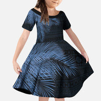 Fiji Palm Leaves Family Matching Long Sleeve Bodycon Dress and Hawaiian Shirt Masi and Tapa Tribal Pattern Blue Color LT03 Daughter's Dress Blue - Polynesian Pride