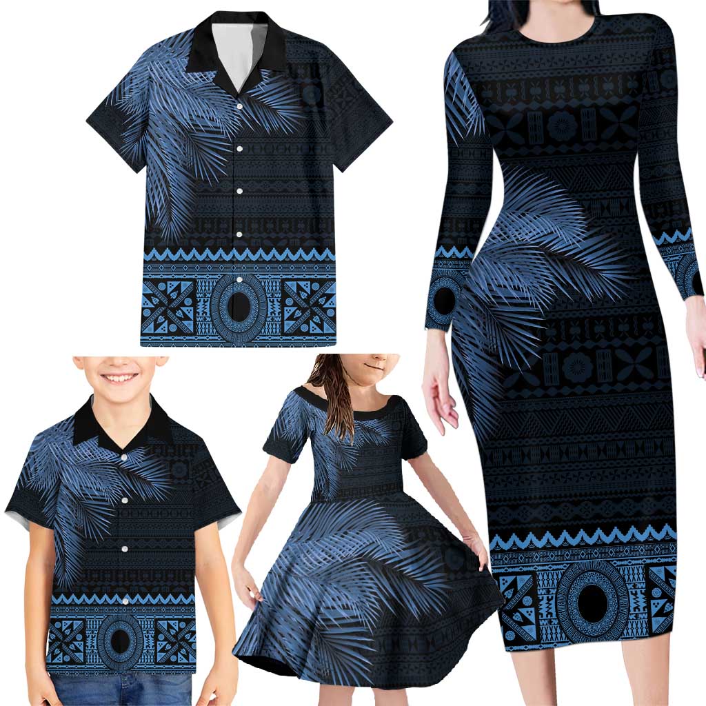 Fiji Palm Leaves Family Matching Long Sleeve Bodycon Dress and Hawaiian Shirt Masi and Tapa Tribal Pattern Blue Color LT03 - Polynesian Pride
